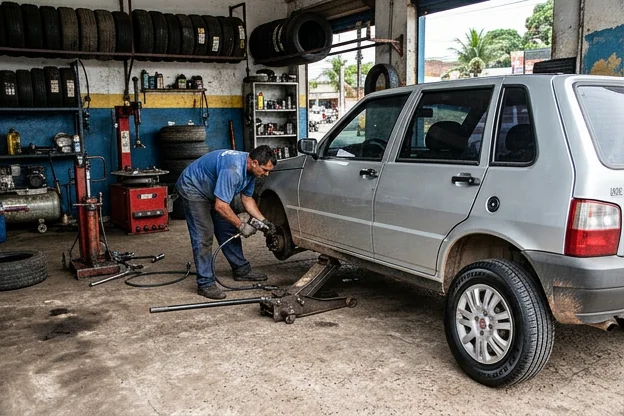 Carro com pneus bem conservados frente a uma borracharia.