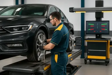 Mecânico alinhando as rodas de um carro.