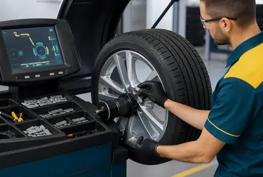 Profissional balanceando roda em uma máquina.