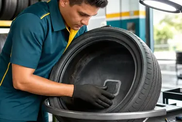 Profissional consertando um pneu em uma borracharia.