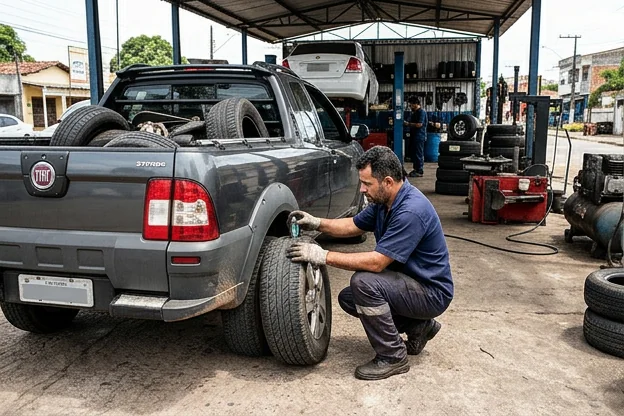 Profissional inspecionando pneus de veículo.