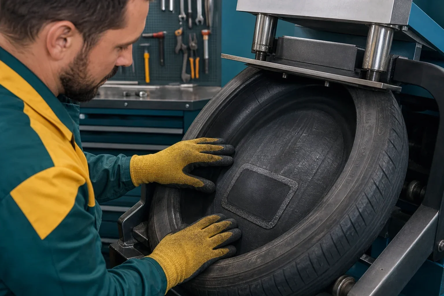 Técnico realizando vulcanização de um pneu em uma borracharia.