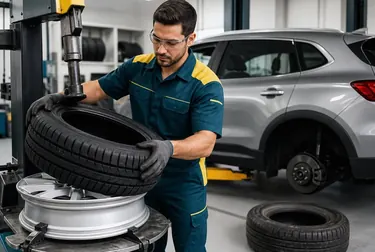 Técnico trocando pneu em um carro na borracharia.