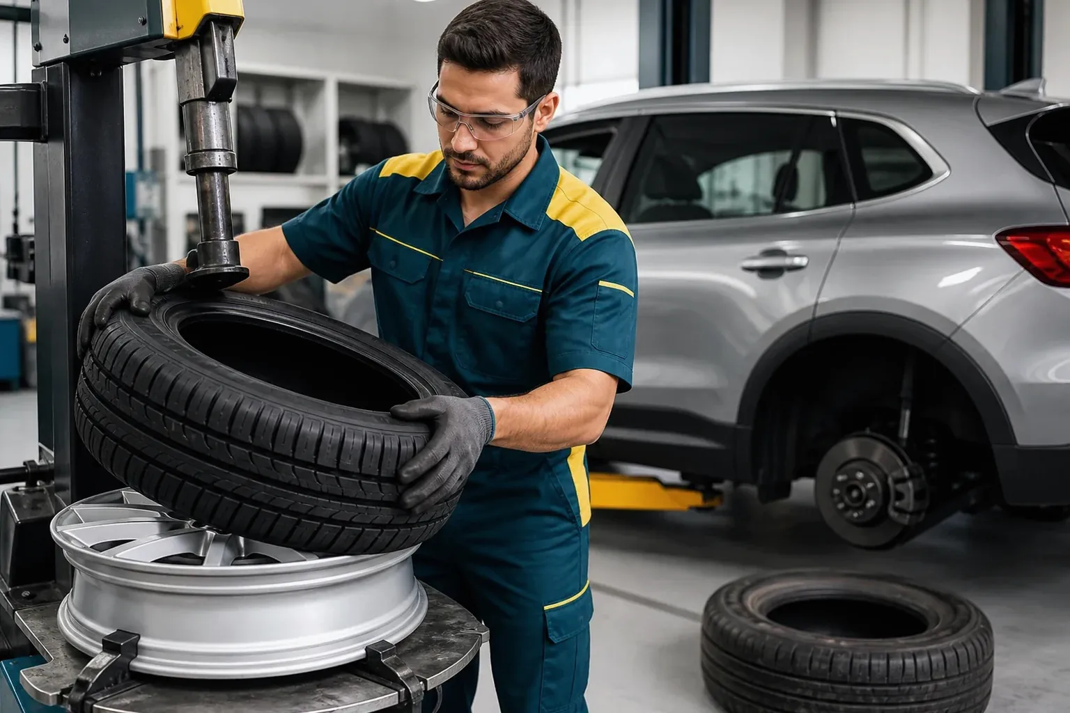 Técnico trocando pneu em um carro na borracharia.